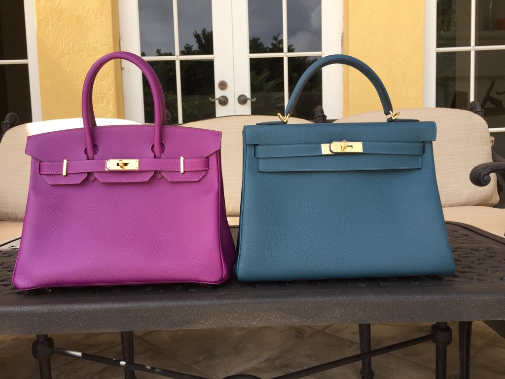 Birkin 30cm anemone et Kelly Retourne 32cm colvert