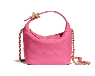 Petit sac Hobo Chanel rose en agneau et métal doré