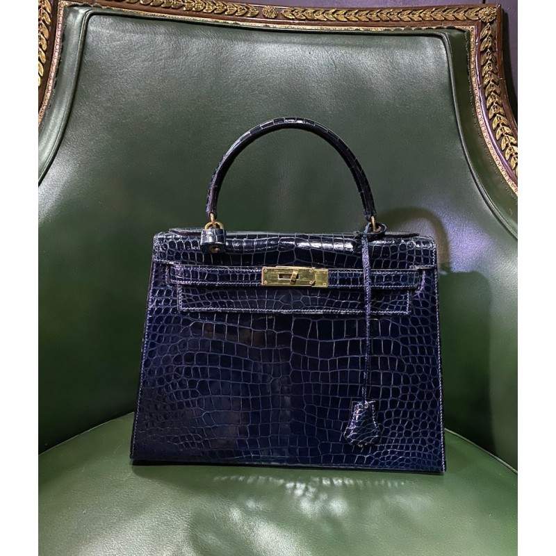 Kelly 28 Hermes crocodile porosus bleu nuit